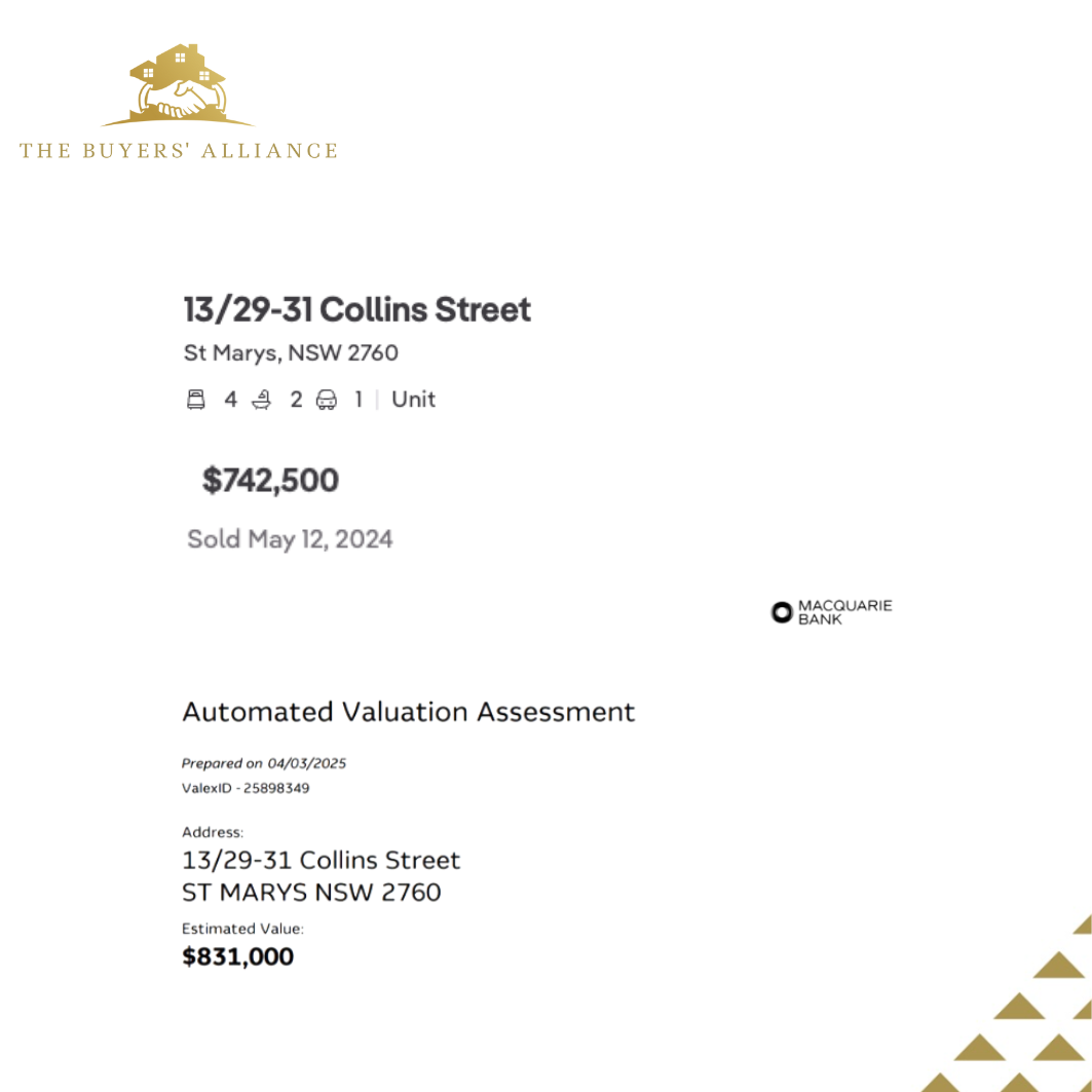 Macquarie Bank Property Valuation showing $80,000 instant equity for client